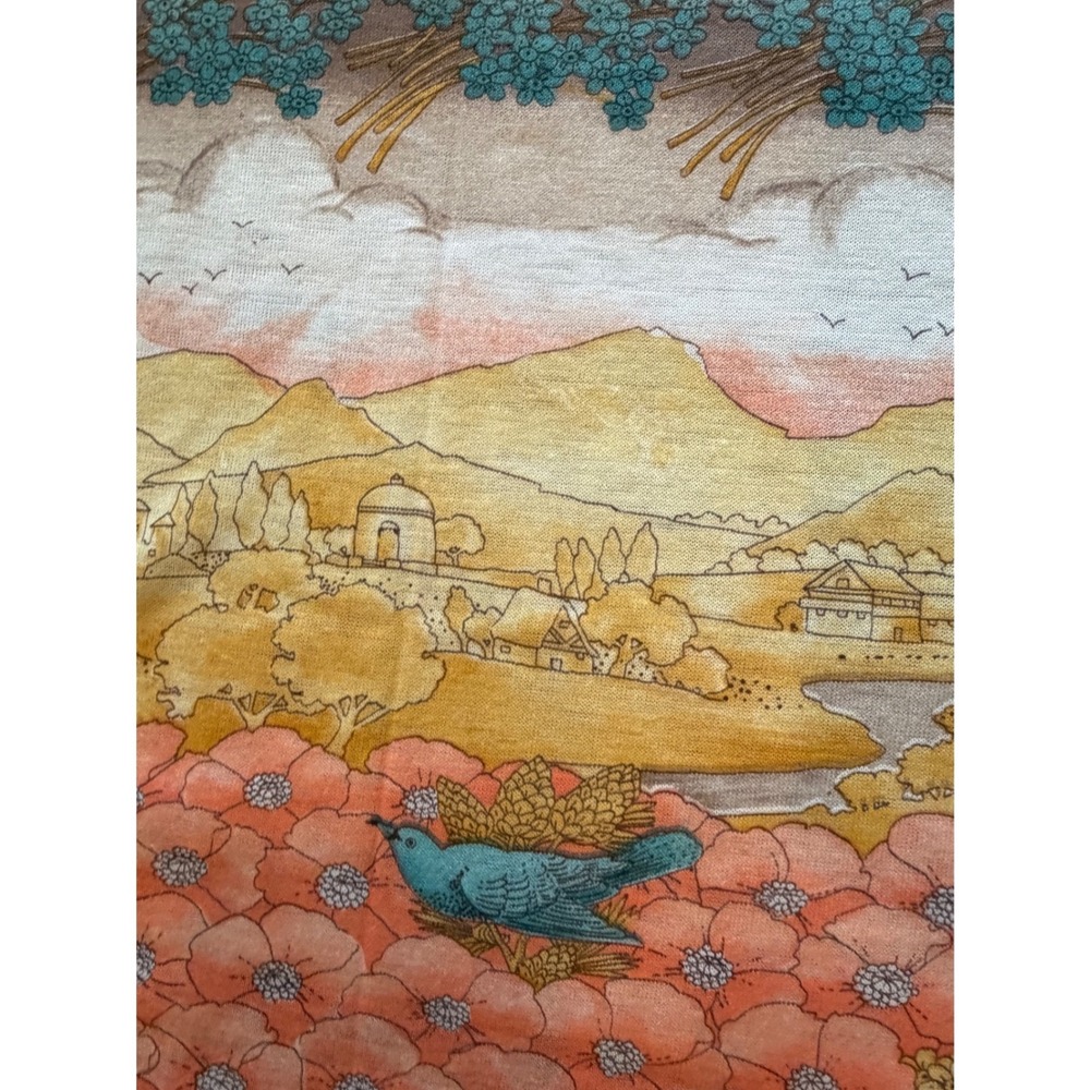 Vintage Scenic Stretch Fabric Blue Birds Orange Village Landscape Print 44"x56" - Picture 6 of 6